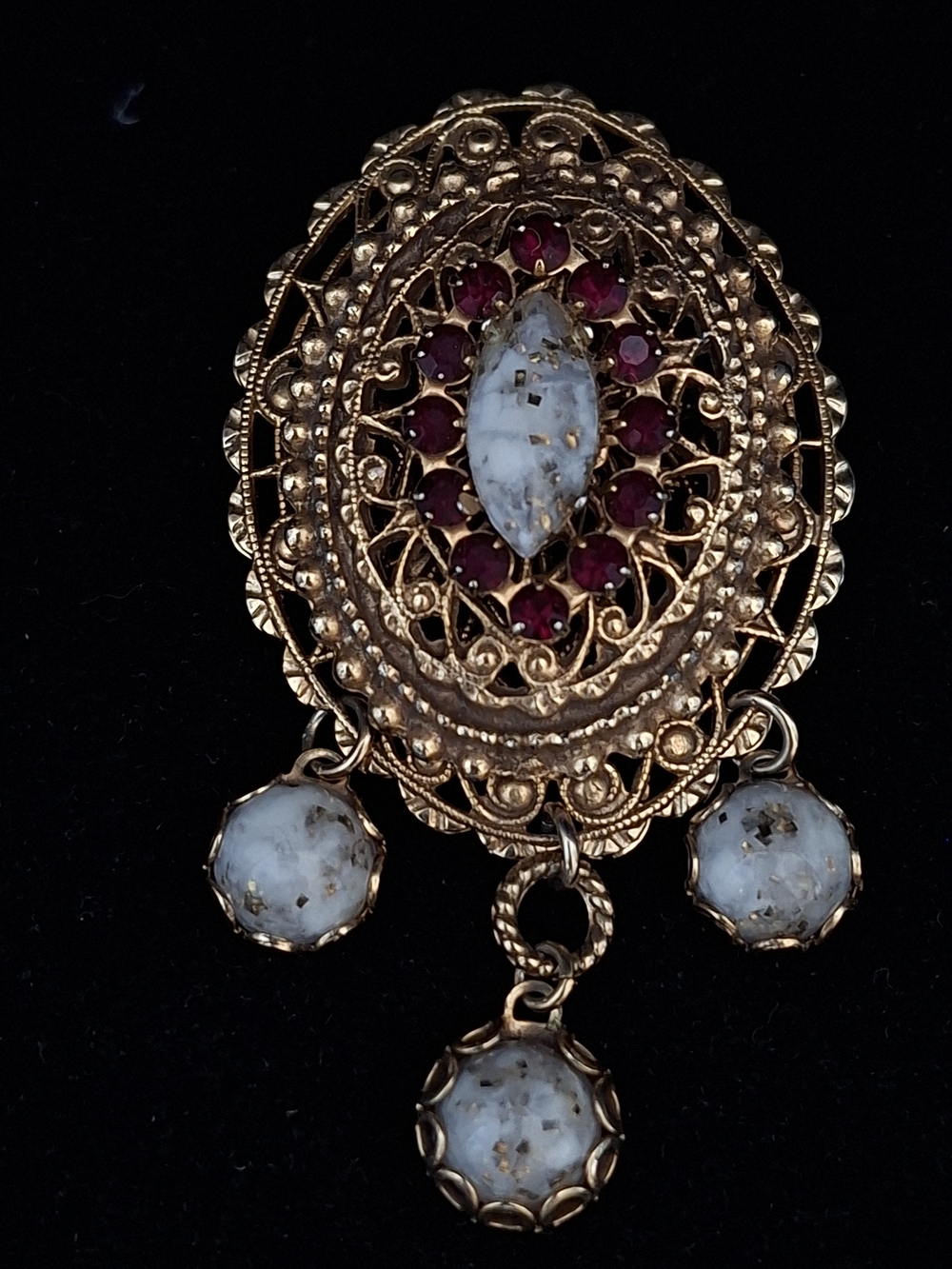 Vintage Baroque Openwork Brooch With Red Rhinestones And Marbled Whitish Stones